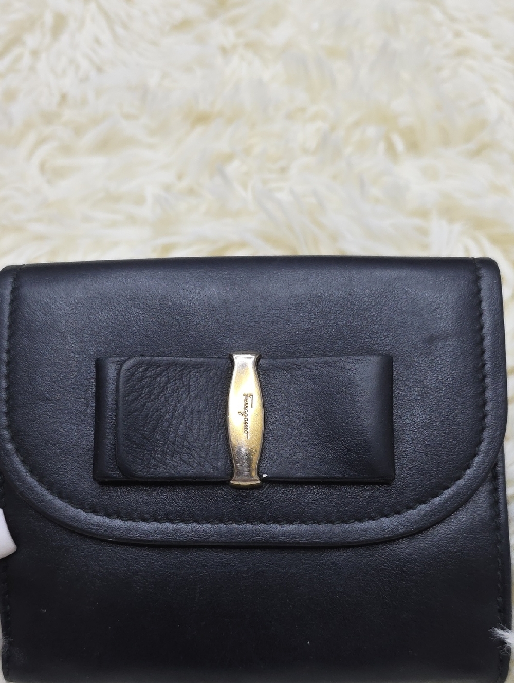 Salvatore Ferragamo Black Leather Bow Wallet with Gold Accent